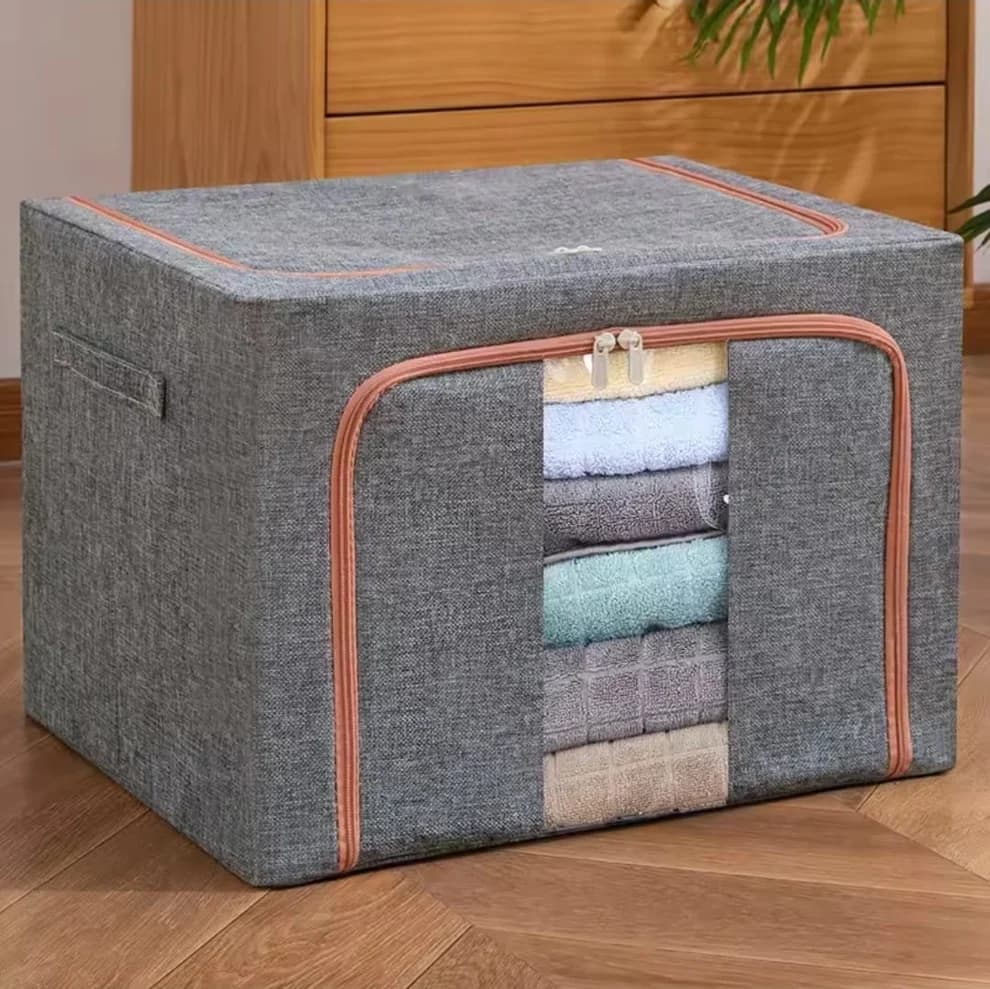 100L Zipped Storage Box / Wardrobe Organizer – Breathable Fabric with Transparent Window & Reinforced Handles (Grey)