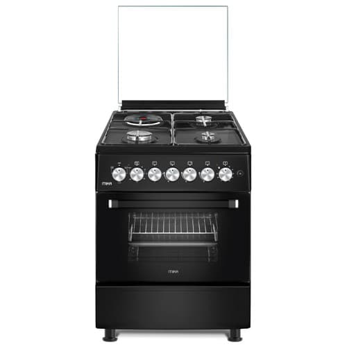 MIKA Standing Cooker MST58U31E3BLEM – 58cm x 58cm, 3 Gas Pool Jet Burners + 1 Rapid Hot Plate, 3-Function Electric Oven (Matt Black)